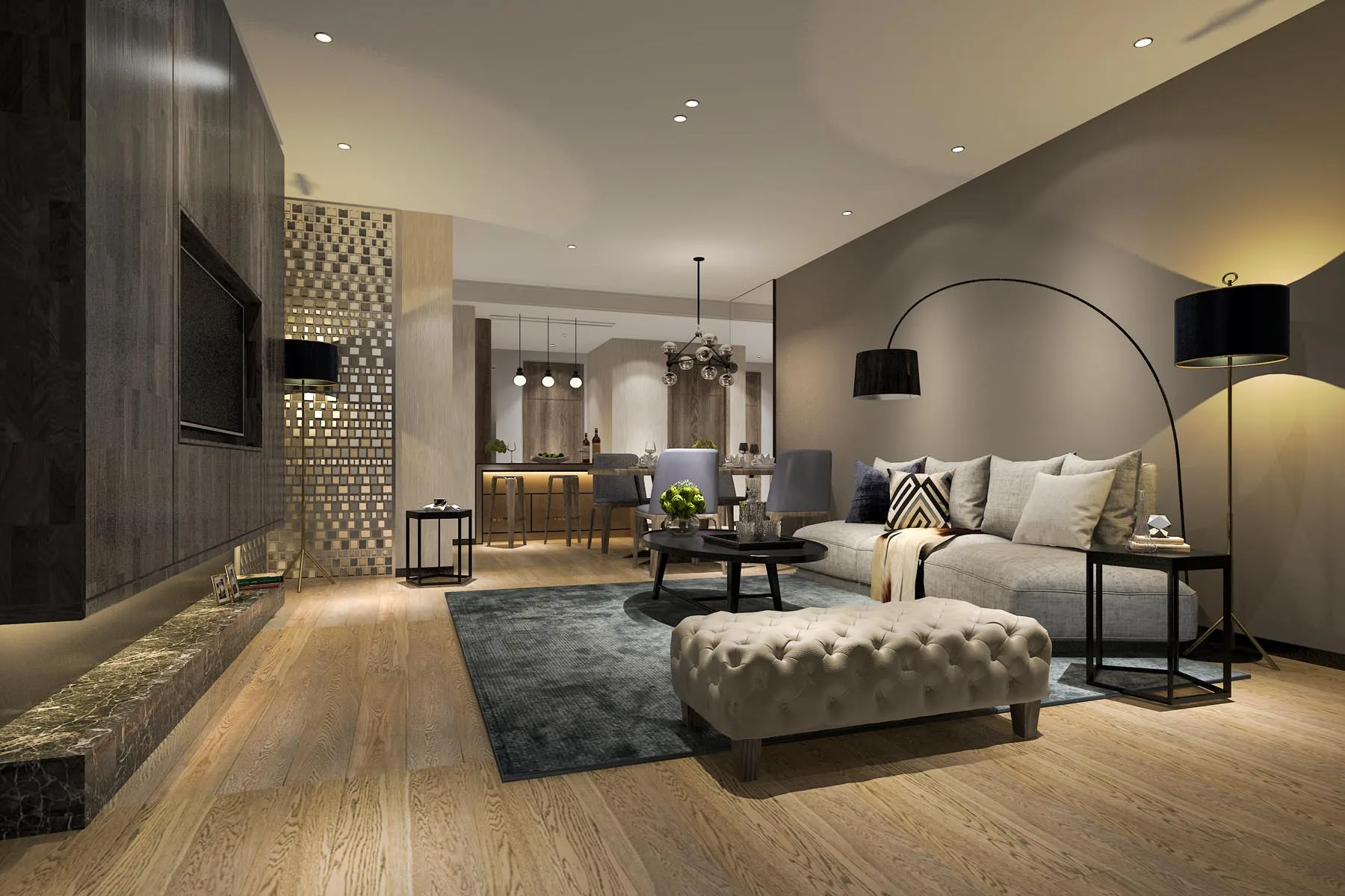 3d rendering modern dining room and living room with luxury decor